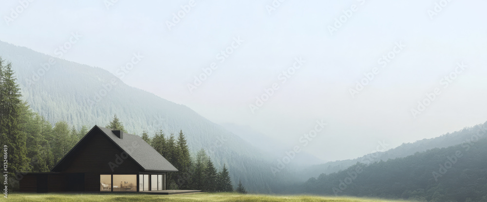 Fototapeta premium Modern cabin nestled in tranquil mountains during early morning fog