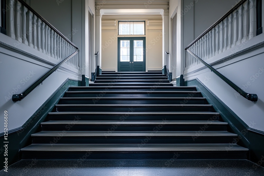 Fototapeta premium Ascending Classic Interior Staircase Leading to a Door, Elegant Building Architecture with Dark Wood Accents, and Intricate Railings.