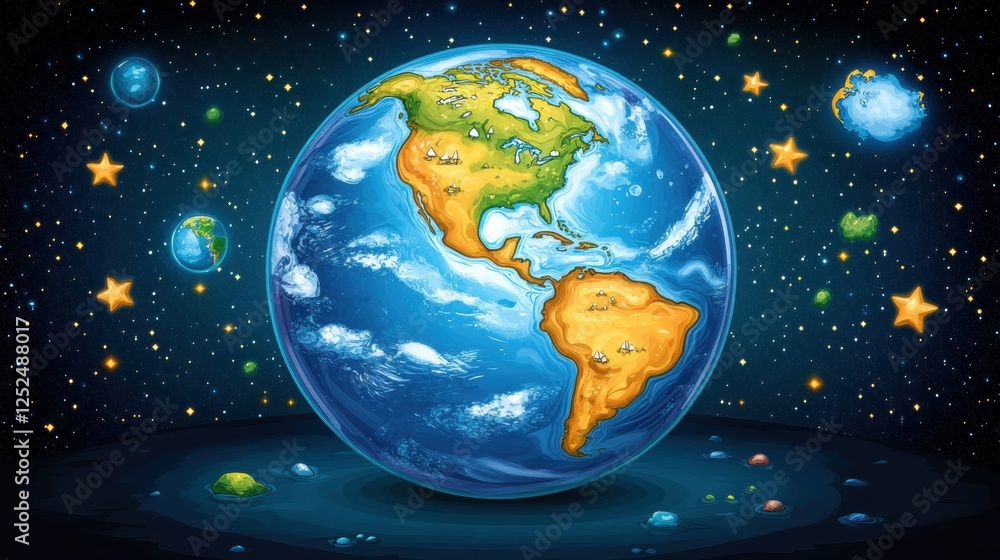 Colorful Artistic Representation of Earth Surrounded by Stars and Cosmic Elements in Space Colorful Artistic Representation of Earth Surrounded by Stars and Cosmic Elements in Space