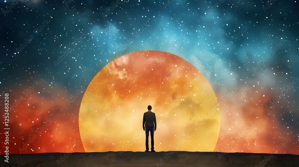 Silhouetted figure standing amidst a cosmic sunset or sunrise landscape with moon and stars Silhouetted figure standing amidst a cosmic sunset or sunrise landscape with moon and stars