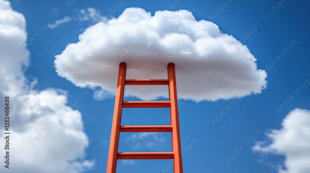 Red Ladder Reaching Towards a White Cloud in a Bright Blue Sky with Fluffy Clouds Red Ladder Reaching Towards a White Cloud in a Bright Blue Sky with Fluffy Clouds