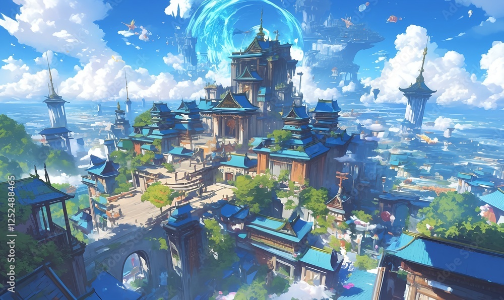 Obraz premium Glowing fantasy fortress with ethereal blue radiance, anime style