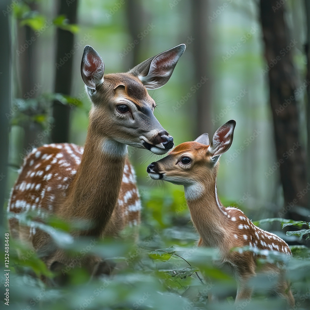 Doe and fawn in forest