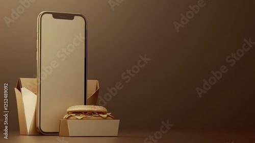 Smartphone beside burger in takeout box, brown background; online ordering concept