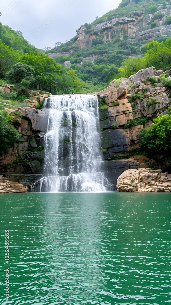 Fototapeta premium Stunning Waterfall Surrounded by Lush Greenery and Majestic Mountains in a Serene Tropical Paradise