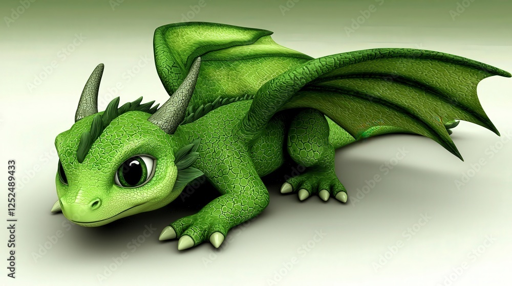 Fototapeta premium Cute Green Dragon with Large Wings and Friendly Expression