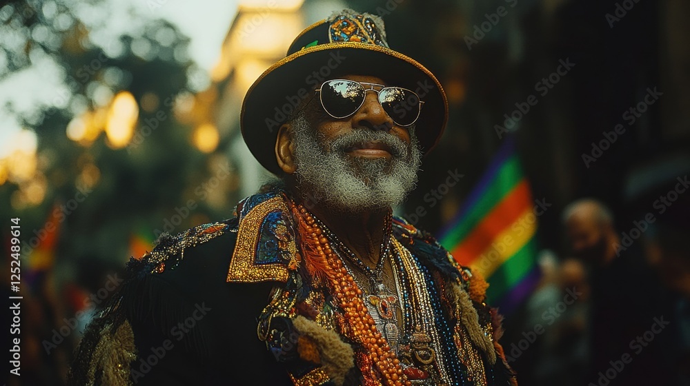 Elderly Man Celebrating at Colorful Pride Parade Wearing Vibrant Accessories and Smiling