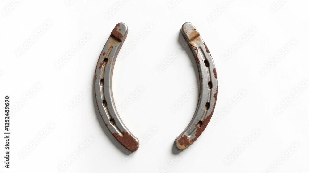 A Pair of Rustic, Weathered Metal Horseshoes Arranged on a Plain White Background A Pair of Rustic, Weathered Metal Horseshoes Arranged on a Plain White Background