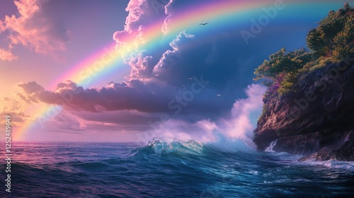 Coastal rainbow spectacle, Majestic ocean waves meet vibrant sky hues photo