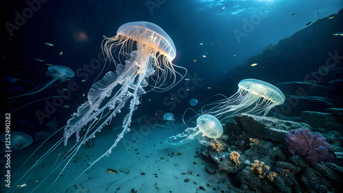 Glow Luminescent Jellyfish. Background. Generative Ai