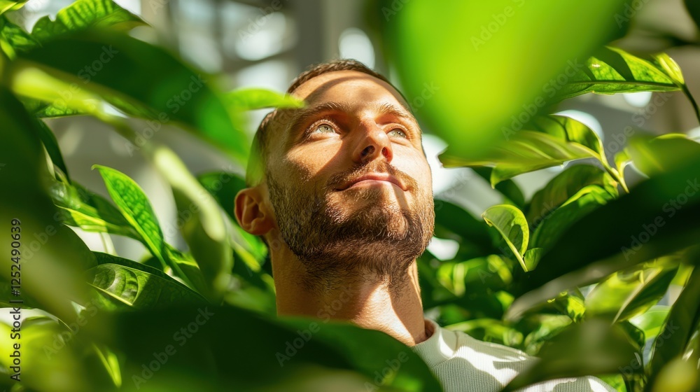 Man with Beard Gazing Up Surrounded by Lush Green Leaves in a Bright Indoor Environment Man with Beard Gazing Up Surrounded by Lush Green Leaves in a Bright Indoor Environment