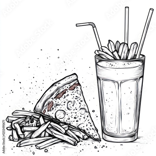 Hand-drawn pizza, fries, and milkshake illustration photo