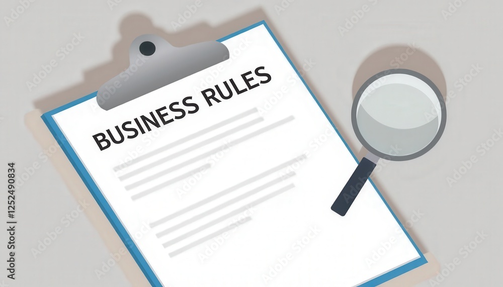 Business Rules Checklist on a Clipboard Concept. Business Rules Document with Clipboard and Magnifying Glass Focus Business Rules Checklist on a Clipboard Concept. Business Rules Document with Clipboard and Magnifying Glass Focus