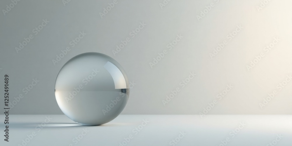 A Single, Clear Glass Sphere on a Light Surface, Reflecting Subtle Light A Single, Clear Glass Sphere on a Light Surface, Reflecting Subtle Light
