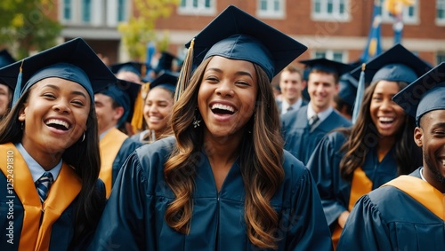 A joyful young Black woman in a cap and gown, laughing with excitement, surrounded by a crowd of fellow graduate