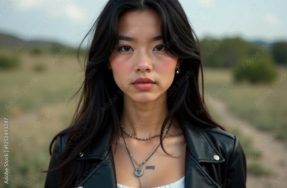 Black leather rock jacket, portrait of a young oriental girl aged 25, long dark hair, tanned skin, wearing a white dress,choker and layered necklaces Black leather rock jacket, portrait of a young oriental girl aged 25, long dark hair, tanned skin, wearing a white dress,choker and layered necklaces
