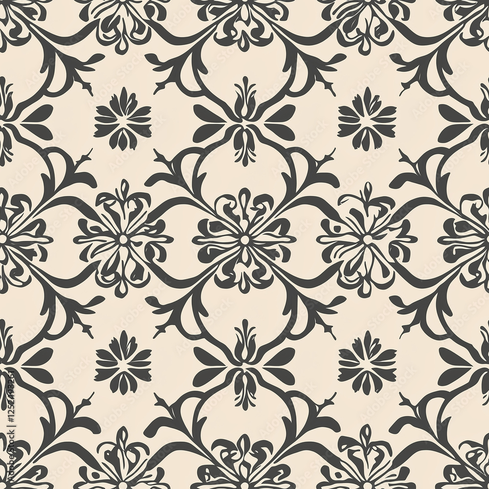 Elegant floral damask pattern in dark gray on a light beige background, perfect for textiles and wallpaper. Elegant floral damask pattern in dark gray on a light beige background, perfect for textiles and wallpaper.