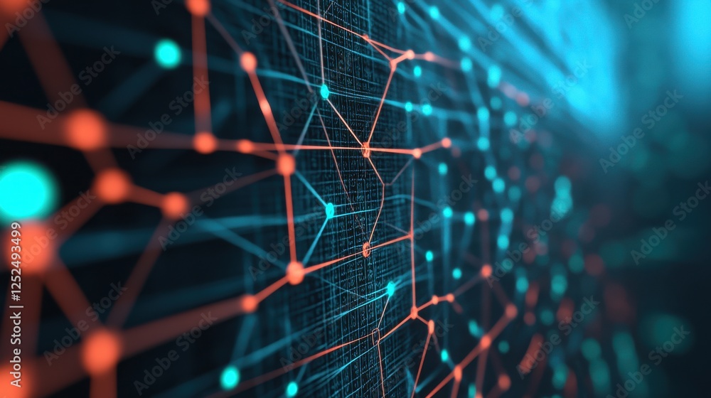 Obraz premium Abstract digital background with glowing nodes and connected lines in blue and orange tones