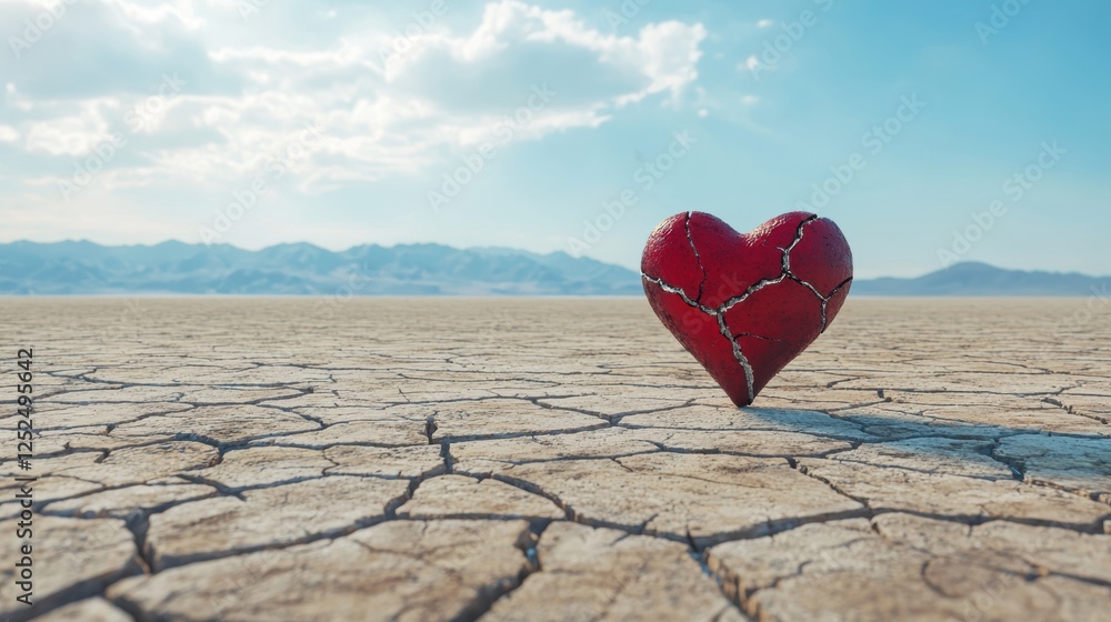 Fototapeta premium A cracked heart stands alone on a dry, cracked landscape under a clear blue sky, symbolizing resilience and the impact of emotional desolation.