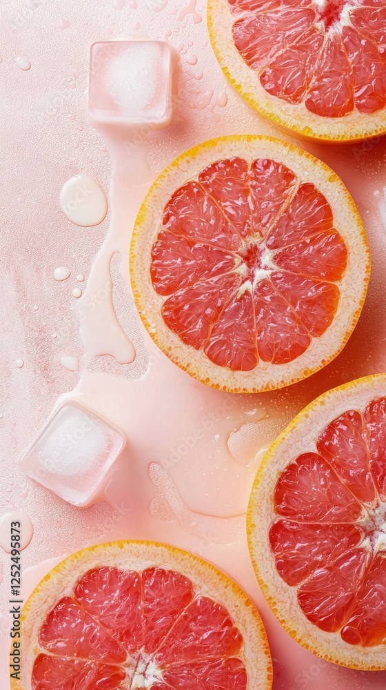 Fresh sliced grapefruit with ice cubes on a light pink background Fresh sliced grapefruit with ice cubes on a light pink background