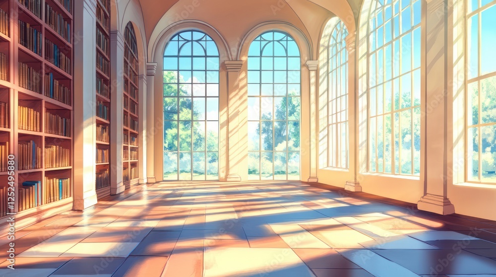Serene Library Interior with Large Windows, Natural Light, and Bookshelves in a Calm and Inviting Atmosphere