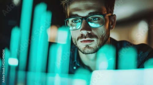 Focused young man analyzing digital data graphs with glasses in modern office setting at night