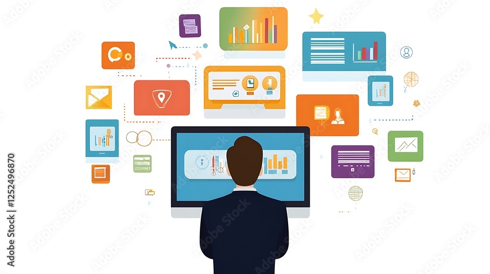 Businessman analyzing data on a computer with surrounded by connected screens and graphics For showing a modern business concept. Businessman analyzing data on a computer with surrounded by connected screens and graphics For showing a modern business concept.