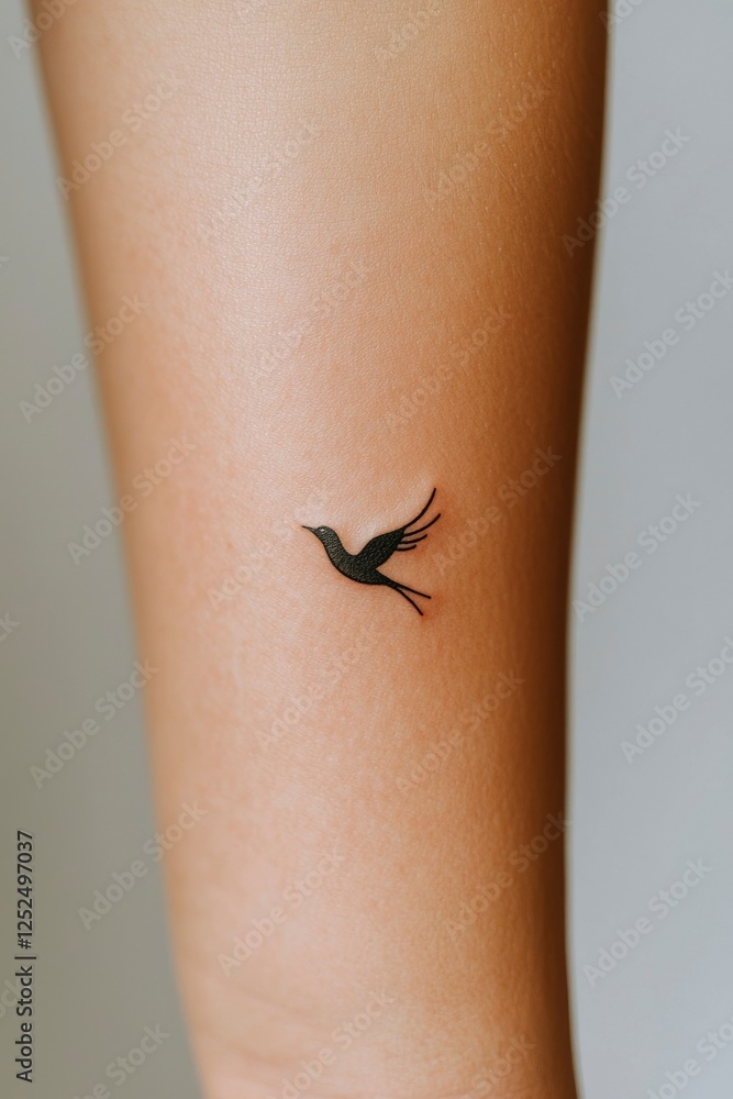 Obraz premium Arm tattoo with a black silhouette bird flying, on clean skin for body art