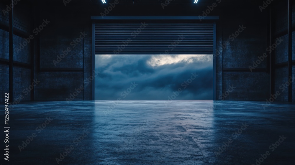 Dark warehouse, open door, stormy sky, industrial background, product placement Dark warehouse, open door, stormy sky, industrial background, product placement