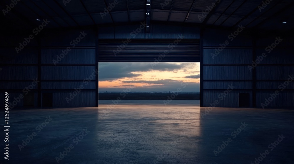 Sunset view from hangar doors, open industrial building Sunset view from hangar doors, open industrial building