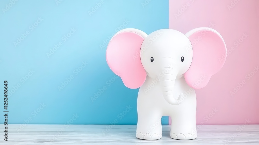 Cute White Elephant Toy on Blue and Pink Background for Baby Room Cute White Elephant Toy on Blue and Pink Background for Baby Room