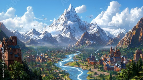 Majestic snow-capped mountain valley town, river, scenic background, fantasy game art