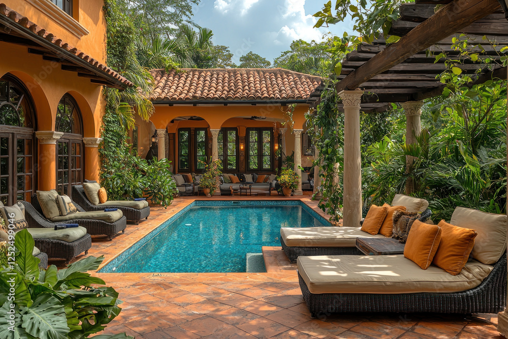 Obraz premium Tropical villa poolside relaxation with lush garden and courtyard view
