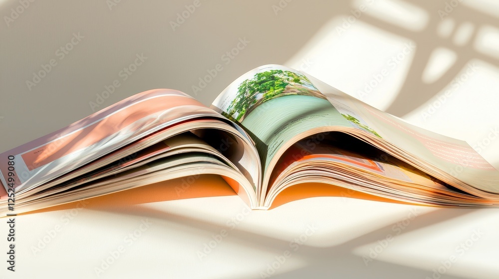 Open magazine with vibrant images and shadows Open magazine with vibrant images and shadows