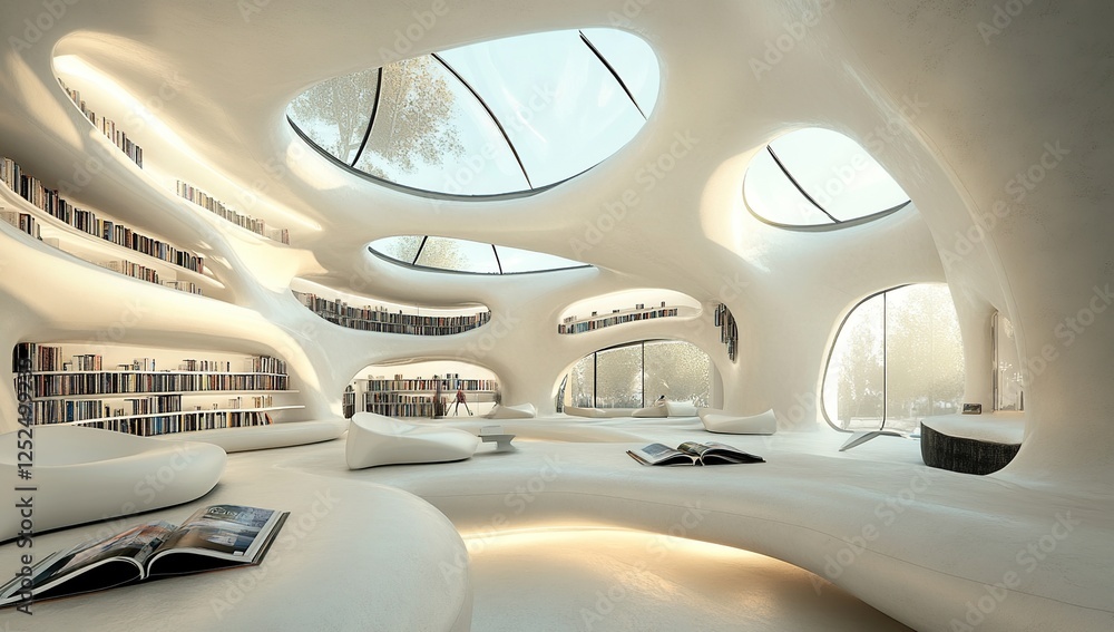Fototapeta premium Organic Architecture Library Design: Curved Walls, Skylights, and Book Shelves Showcase Modern Style in a Peaceful Setting.