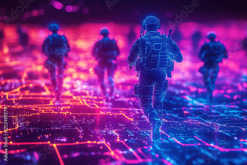 Military operations highlighted with neon visuals showing soldiers and equipment movement