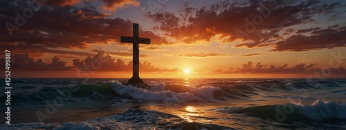 A majestic Christian cross standing firm in the sea, with rolling waves and a vibrant sunset sky