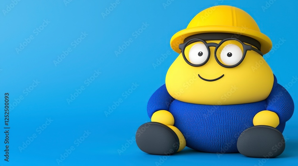 Fototapeta premium Cute Animated Character Wearing Glasses and Hard Hat on Blue Background