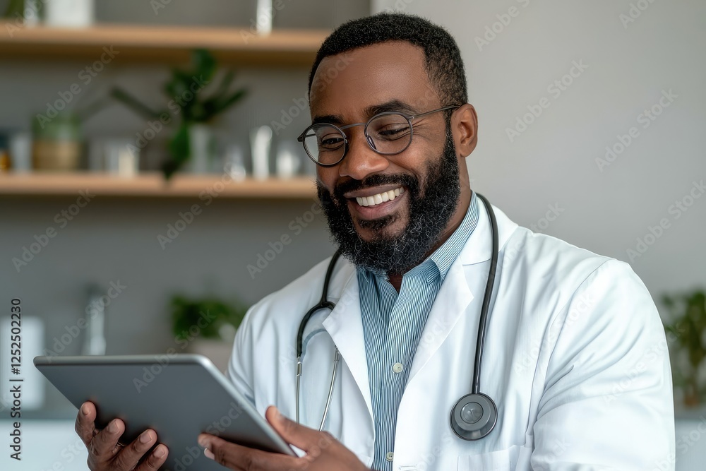 A smiling healthcare professional in a lab coat checks a tablet, conveying a modern approach to patient care and technology.