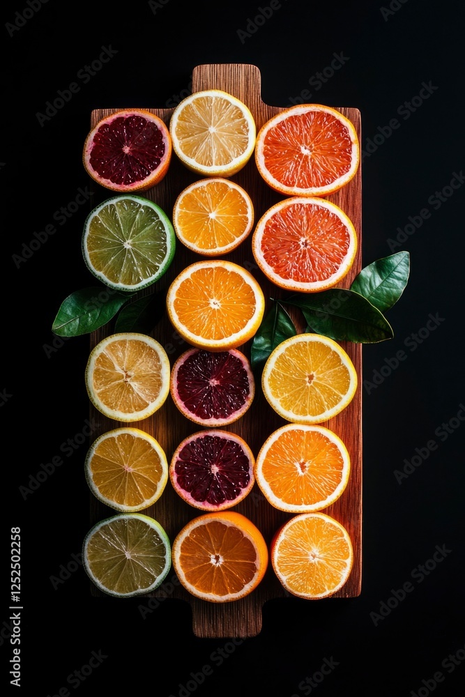 Citrus fruit slices on board, food prep. Isolated dark backdrop for healthy eating Citrus fruit slices on board, food prep. Isolated dark backdrop for healthy eating