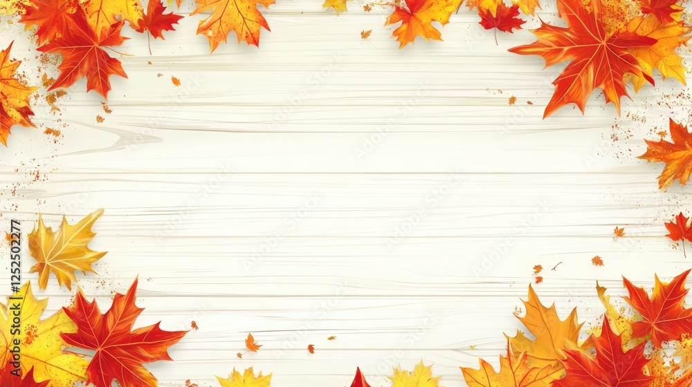 Autumn background with colorful frame of maple leaves, orange, yellow, red on white wood texture, beautiful fall leaves decorative border with copy space for text Autumn background with colorful frame of maple leaves, orange, yellow, red on white wood texture, beautiful fall leaves decorative border with copy space for text