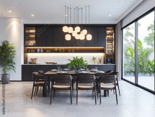 Modern dining room, tropical view, minimalist design, home interior, real estate photo