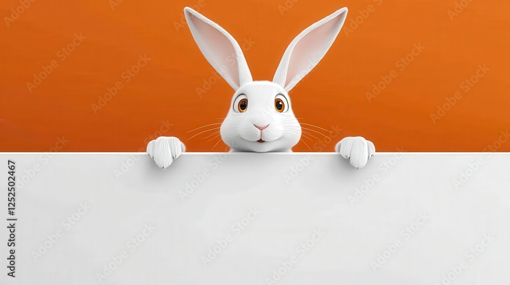 Obraz premium Cute cartoon rabbit peeking over a blank white sign on orange background