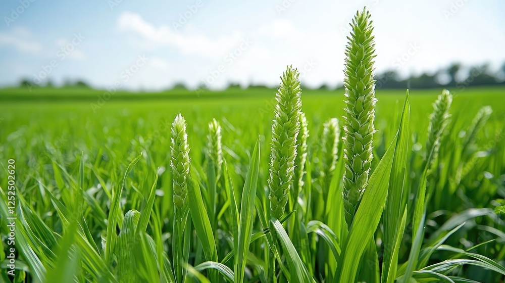 Green wheat field growing under a sunny sky. Use Agriculture advertising Green wheat field growing under a sunny sky. Use Agriculture advertising