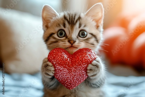 Cute donskoy baby cat with sparkling rhinestones red heart at cozy domicile. Donskoy - my preferred cat, symbol of care. Digital ads companion animal visual idea. Heartwarming pet image. photo