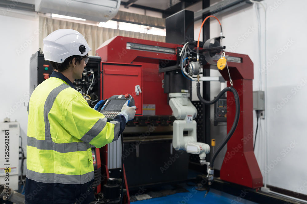 Male engineer control automatic robotic hand machine welding in building room workshop. Male technician worker working with control automatic robot arm system welding Male engineer control automatic robotic hand machine welding in building room workshop. Male technician worker working with control automatic robot arm system welding