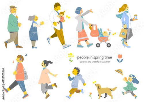春を喜ぶいろいろな人々　カラフルで楽しいフラットイラスト