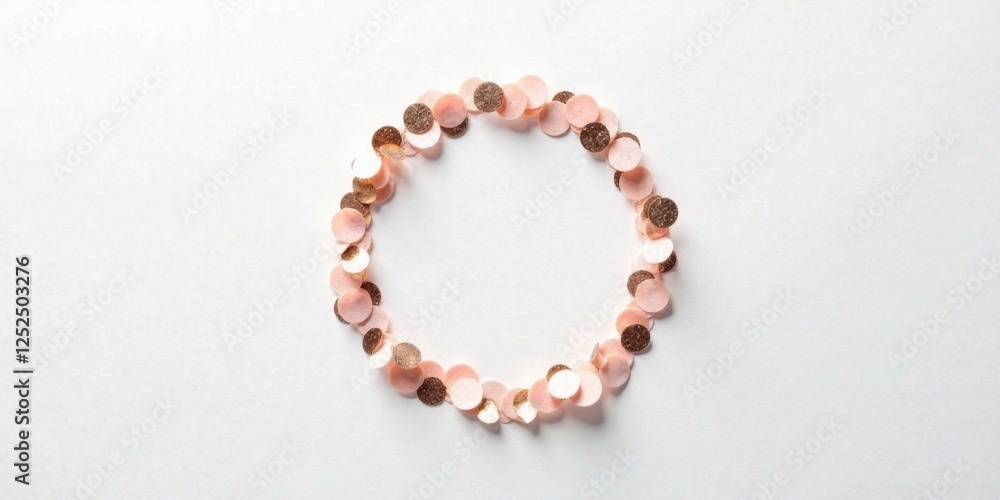 A Circular Frame of Delicate Pink and Rose Gold Confetti on a Smooth White Background, Perfect for Elegant Designs and Festive Occasions A Circular Frame of Delicate Pink and Rose Gold Confetti on a Smooth White Background, Perfect for Elegant Designs and Festive Occasions
