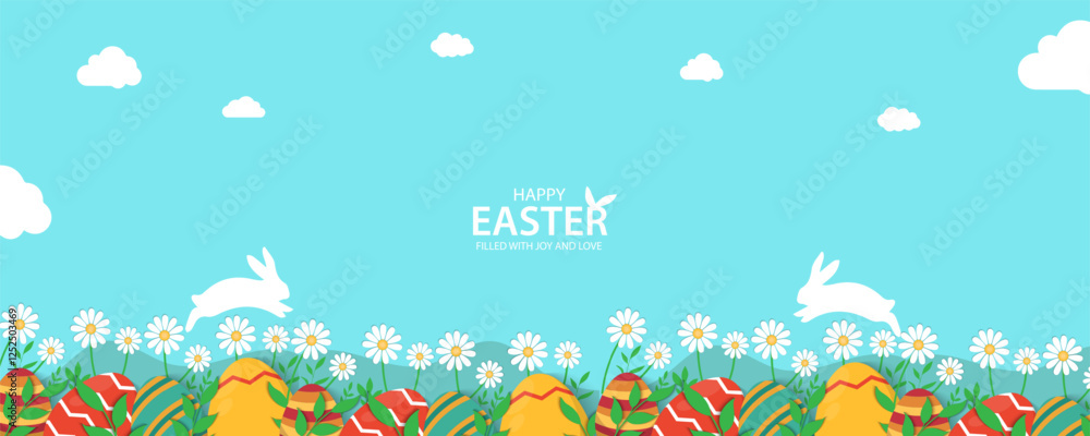 Easter Greeting card poster and banner template with Easter eggs in the nest on green, blue, yellow, white and pink background.Greetings and presents for Easter Day with copy space in flat styling Easter Greeting card poster and banner template with Easter eggs in the nest on green, blue, yellow, white and pink background.Greetings and presents for Easter Day with copy space in flat styling