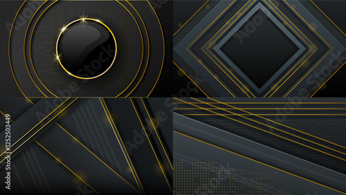 Set Abstract Collection Dark Black Gold Material Modern Background With Golden Lines Stripes Shadows Backdrop Wallpaper Decoration Vector Design Style
